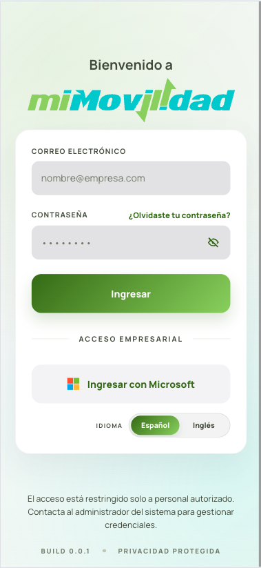 Pantalla de acceso de la app Mi Movilidad